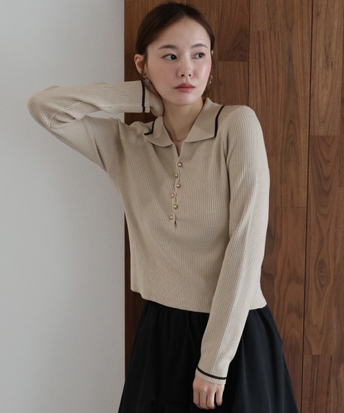 J by blue(ジェイバイブルー)の「バイカラースキッパーポロニット(ニット/セーター・レディース・ベージュ/ブラウン/チャコールグレー・MEDIUM)」の4枚目の写真