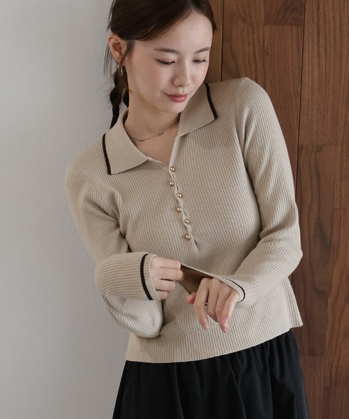 J by blue(ジェイバイブルー)の「バイカラースキッパーポロニット(ニット/セーター・レディース・ベージュ/ブラウン/チャコールグレー・MEDIUM)」の10枚目の写真