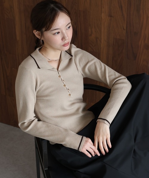J by blue(ジェイバイブルー)の「バイカラースキッパーポロニット(ニット/セーター・レディース・ベージュ/ブラウン/チャコールグレー・MEDIUM)」の15枚目の写真