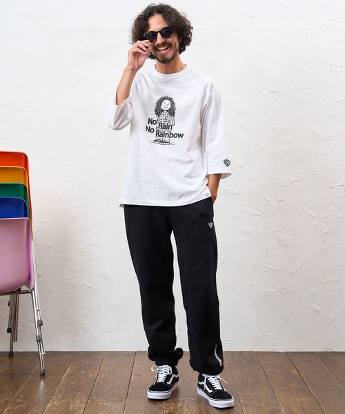 No Rain No Rainbow(ノーレインノーレインボー)の「mp15420- 12oz brushed lining easy pants (musical note print ) スウェットパンツ(NR26W-13)(スウェットパンツ・メンズ・ブラック×ホワイト/ブラック×ピンク/アッシュ・L/M/S)」の8枚目の写真