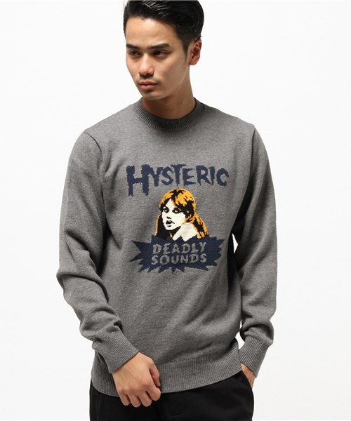 HYSTERIC GLAMOUR(ヒステリックグラマー)の「DEADLY SOUNDS編込 プルオーバー(ニット/セーター・メンズ・ホワイト/トップグレー/ブラック・SMALL/MEDIUM/LARGE)」の1枚目の写真