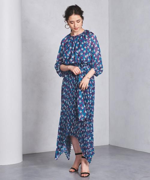 FLICKA/フリッカ アシンメトリー フラワープリントプリーツワンピース  