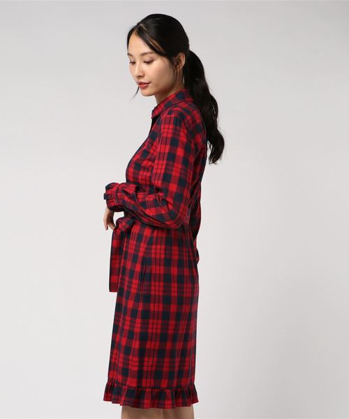 チェック Brothers ブルックスブラザーズ のファッション Fleece コットンツイル Brooks ラッフルトリムシャツドレス シャツ ワンピース Fleece セール コットンツイル Red Brooks
