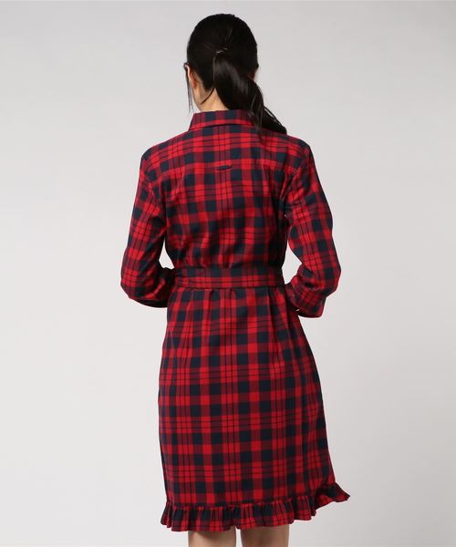 チェック Brothers ブルックスブラザーズ のファッション Fleece コットンツイル Brooks ラッフルトリムシャツドレス シャツ ワンピース Fleece セール コットンツイル Red Brooks