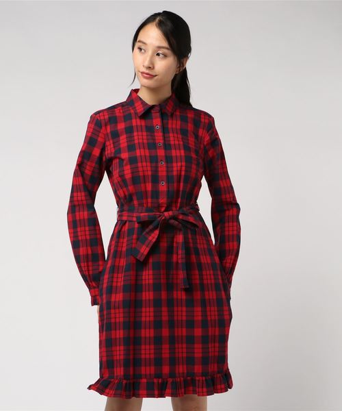 チェック Brothers ブルックスブラザーズ のファッション Fleece コットンツイル Brooks ラッフルトリムシャツドレス シャツ ワンピース Fleece セール コットンツイル Red Brooks