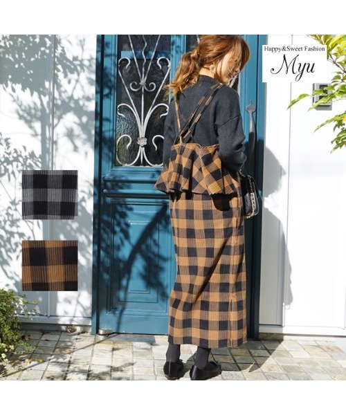 M y u（ミュー）の「チェック柄コーデュロイジャンバースカート
