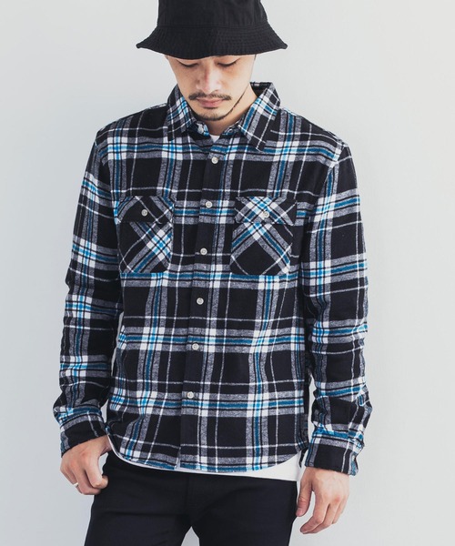 Rocky Monroe(ロッキーモンロー)の「リサイクルビエラチェック起毛シャツ(シャツ/ブラウス・メンズ・ブラック/ベージュ/ネイビー/ブラック系その他/レッド/ベージュ系その他/ブルー系その他/グリーン/キャメル/ブルー系その他2・LL/M/L)」の2枚目の写真