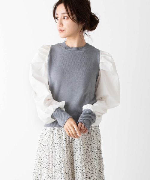 WEGO（ウィゴー）の「WEGO/パフギャザースリーブニット（ニット/セーター・レディース・ホワイト/ライトブラウン/ブラック系その他/サックスブルー・FREE）」の5枚目の写真