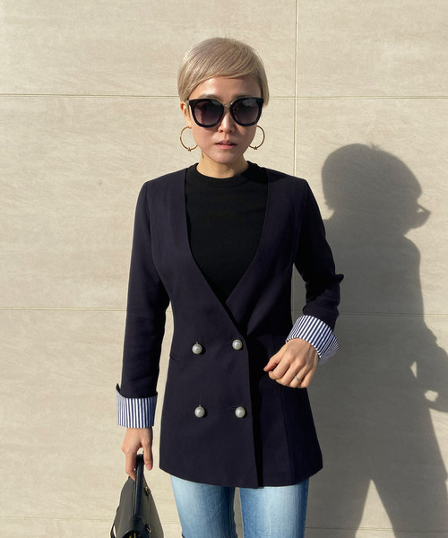 JENNE(ジェンヌ)の「パールボタンノーカーラージャケット(ノーカラージャケット・レディース・ネイビー・SMALL/MEDIUM/LARGE)」の10枚目の写真