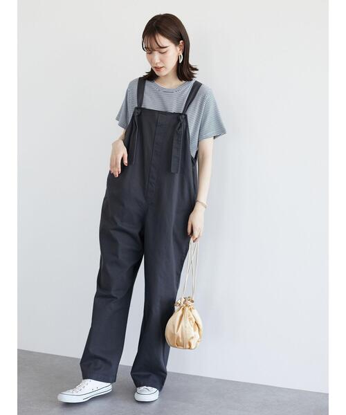 Green　Parks（グリーンパークス）の「ワイドストレートオーバーオール＊（サロペット/オーバーオール・レディース・チャコールグレー/カーキ/ナチュラル・FREE）」の5枚目の写真