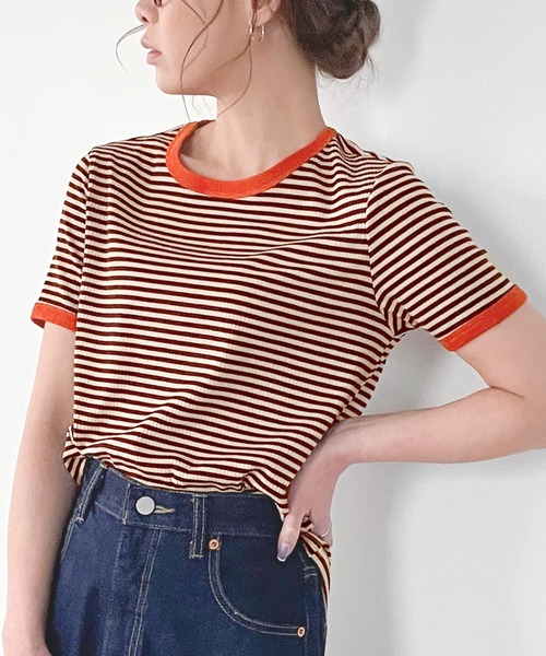 JUNOAH（ジュノア）の「配色ラインボーダーリブカットソー（Tシャツ/カットソー・レディース・ブラック/ブラウン/グリーン・MEDIUM/LARGE/X-LARGE）」の2枚目の写真