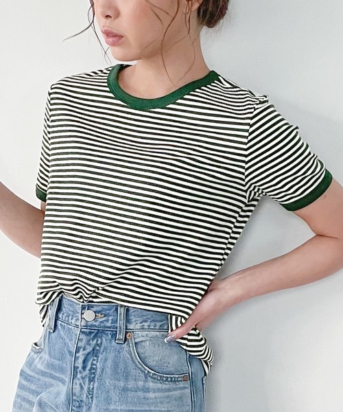 JUNOAH（ジュノア）の「配色ラインボーダーリブカットソー（Tシャツ/カットソー・レディース・ブラック/ブラウン/グリーン・MEDIUM/LARGE/X-LARGE）」の3枚目の写真