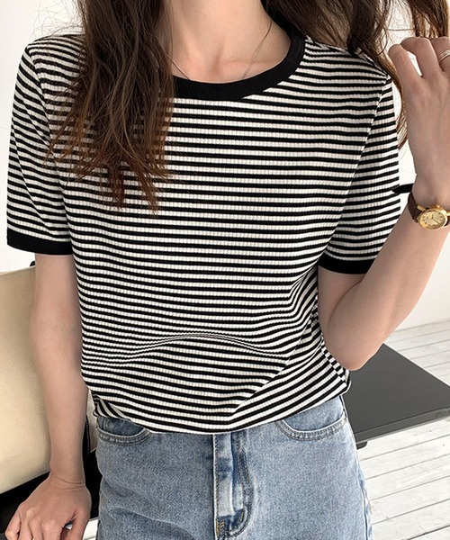 JUNOAH（ジュノア）の「配色ラインボーダーリブカットソー（Tシャツ/カットソー・レディース・ブラック/ブラウン/グリーン・MEDIUM/LARGE/X-LARGE）」の4枚目の写真