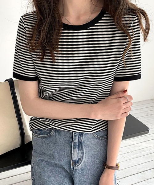 JUNOAH（ジュノア）の「配色ラインボーダーリブカットソー（Tシャツ/カットソー・レディース・ブラック/ブラウン/グリーン・MEDIUM/LARGE/X-LARGE）」の5枚目の写真