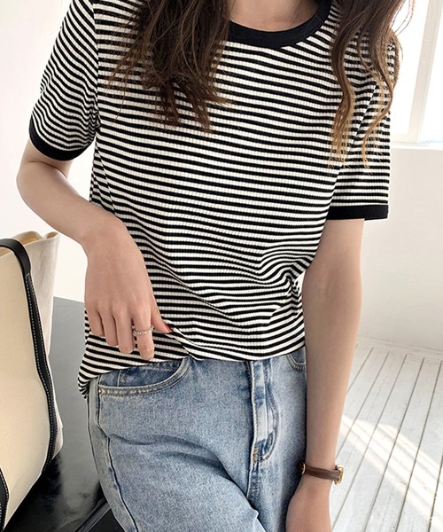 JUNOAH（ジュノア）の「配色ラインボーダーリブカットソー（Tシャツ/カットソー・レディース・ブラック/ブラウン/グリーン・MEDIUM/LARGE/X-LARGE）」の6枚目の写真