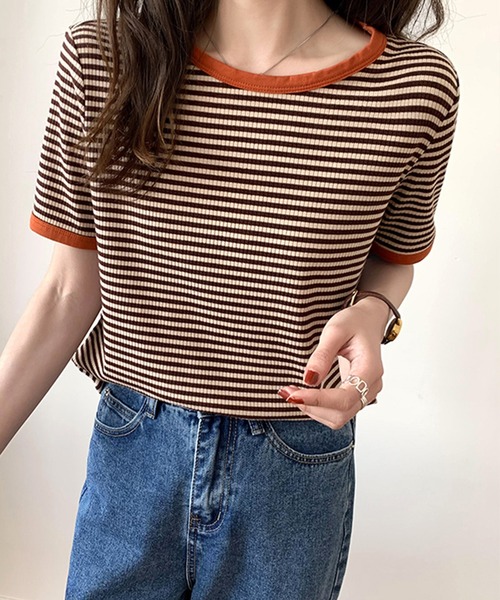 JUNOAH（ジュノア）の「配色ラインボーダーリブカットソー（Tシャツ/カットソー・レディース・ブラック/ブラウン/グリーン・MEDIUM/LARGE/X-LARGE）」の8枚目の写真