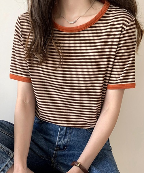 JUNOAH（ジュノア）の「配色ラインボーダーリブカットソー（Tシャツ/カットソー・レディース・ブラック/ブラウン/グリーン・MEDIUM/LARGE/X-LARGE）」の9枚目の写真