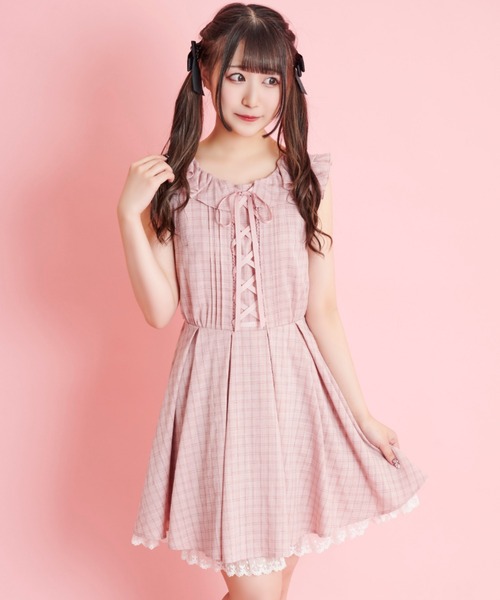 Secret Honey（シークレットハニー）の「レースアップフリルノースリーブワンピース（ワンピース・レディース・グレー/ピンク・MEDIUM）」の6枚目の写真
