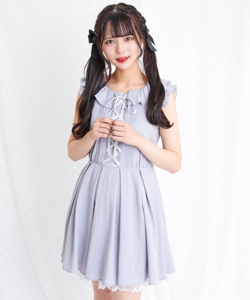 Secret Honey（シークレットハニー）の「レースアップフリルノースリーブワンピース（ワンピース・レディース・グレー/ピンク・MEDIUM）」の8枚目の写真