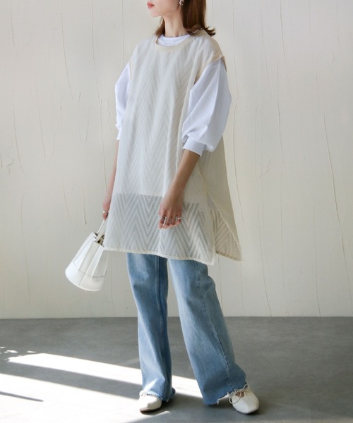 Chillfar（チルファー）の「総柄シースルーロングベスト（ベスト・レディース・アイボリー/ホワイト/グリーン/ブルー/ブラック・FREE）」の14枚目の写真