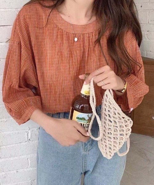 ABITOKYO（アビトーキョー）の「七分袖ギンガムチェックボリュームスリーブブラウス（シャツ/ブラウス・レディース・ブラック/ブルー/オレンジ・FREE）」の12枚目の写真