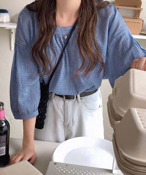 ABITOKYO（アビトーキョー）の「七分袖ギンガムチェックボリュームスリーブブラウス（シャツ/ブラウス・レディース・ブラック/ブルー/オレンジ・FREE）」の18枚目の写真