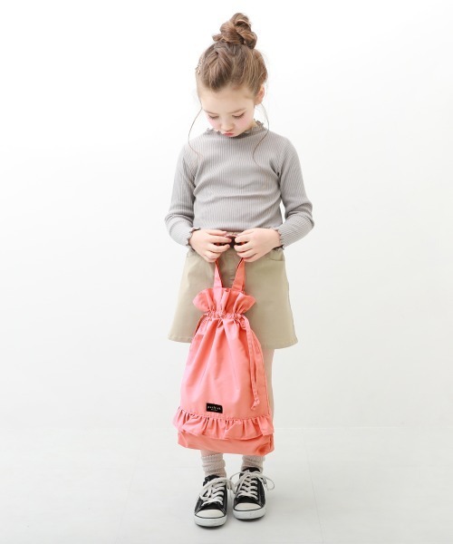 devirock（デビロック）の「持ち手付きフリル巾着袋（トートバッグ・キッズ・ネイビー/グレー系その他/スモークピンク・ONE SIZE）」の4枚目の写真