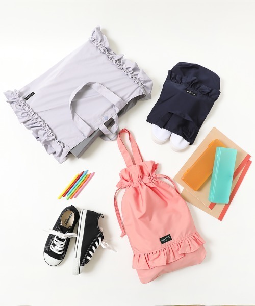 devirock（デビロック）の「持ち手付きフリル巾着袋（トートバッグ・キッズ・ネイビー/グレー系その他/スモークピンク・ONE SIZE）」の8枚目の写真