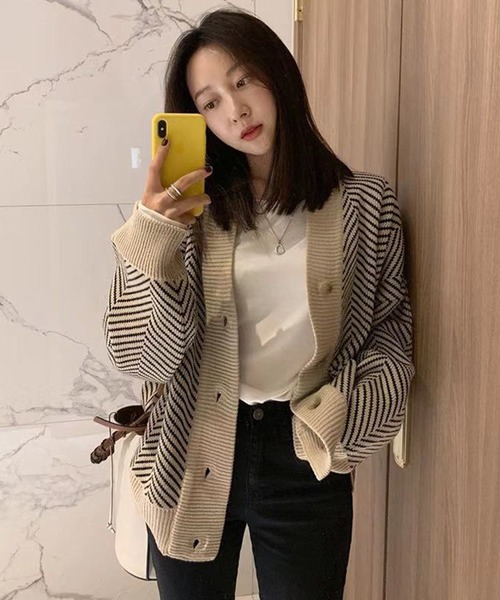 Jewelobe（ジュエローブ）の「ヘリンボーンオーバーカーディガン（カーディガン/ボレロ・レディース・ベージュ/ブラック・FREE）」の12枚目の写真