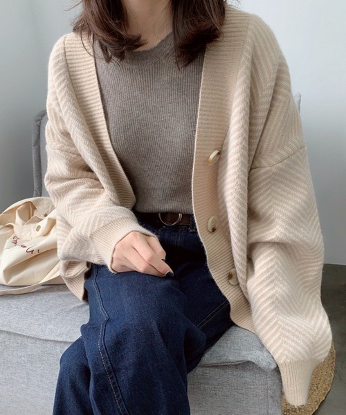 Jewelobe（ジュエローブ）の「ヘリンボーンオーバーカーディガン（カーディガン/ボレロ・レディース・ベージュ/ブラック・FREE）」の14枚目の写真