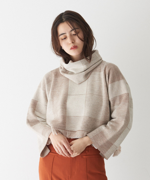 qualite(カリテ)の「チェックジャガードショートニット◇セットアップ対応※スヌード付き(ニット/セーター・レディース・ベージュ/ブラック・フリー)」の8枚目の写真