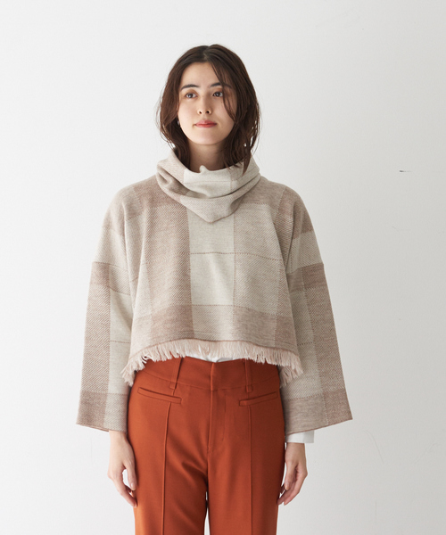 qualite(カリテ)の「チェックジャガードショートニット◇セットアップ対応※スヌード付き(ニット/セーター・レディース・ベージュ/ブラック・フリー)」の13枚目の写真