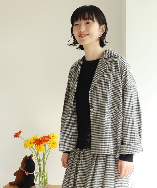 l'atelier du savon（アトリエドサボン）の「Li/C ワッシャーアムンゼン ギンガムジャケット（テーラードジャケット・レディース・ブラック・FREE）」の20枚目の写真