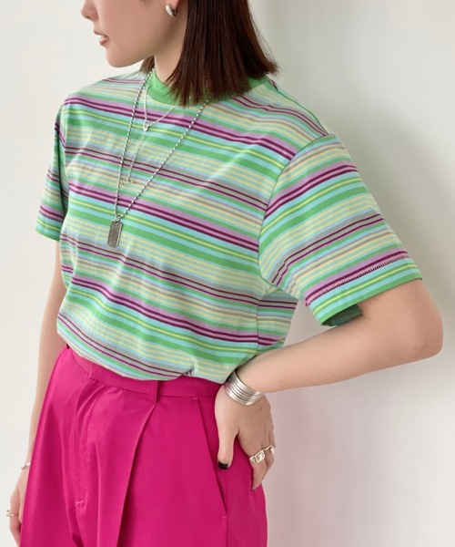 BEAMS BOY（ビームスボーイ）の「BEAMS BOY / ボーイ マルチボーダー クルーネック ショートスリーブ Tシャツ（Tシャツ/カットソー・レディース・ダークグリーン/オレンジ/ライトグリーン・FREE）」の2枚目の写真