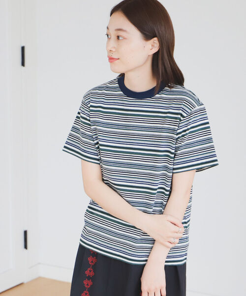 BEAMS BOY（ビームスボーイ）の「BEAMS BOY / ボーイ マルチボーダー クルーネック ショートスリーブ Tシャツ（Tシャツ/カットソー・レディース・ダークグリーン/オレンジ/ライトグリーン・FREE）」の6枚目の写真