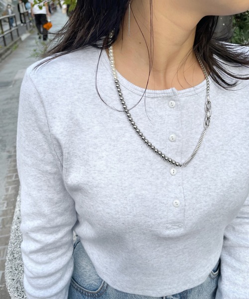 WHO'S WHO gallery（フーズフーギャラリー）の「ヘンリーネックショートトップス（Tシャツ/カットソー・レディース・ブラック/オートミール/オフホワイト/パープル/ブラック系その他/オレンジ/トップグレー・FREE）」の10枚目の写真