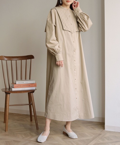 HER CLOSET（ハークローゼット）の「【shemoshelly】キルティングヨークシャツワンピース（シャツワンピース・レディース・ブラック/オフホワイト/ライトベージュ・M）」の3枚目の写真