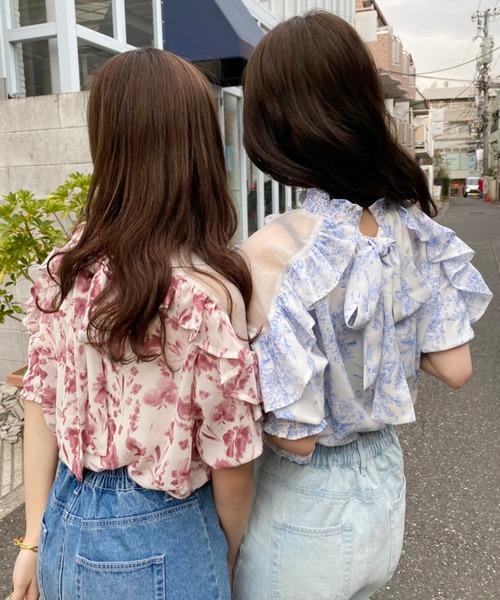 【クリーニング済み】肩あき　ストライプリボンブラウス　半袖　Ｍ one after another NICE CLAUP/【one after another】肩あき