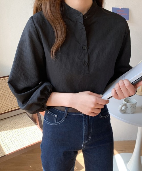 Diosfront（ディオスフロント）の「バンドカラーストライプシャツ（シャツ/ブラウス・レディース・ホワイト/ピンク/ライトグリーン/ブラック・FREE）」の2枚目の写真