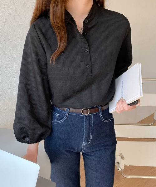 Diosfront（ディオスフロント）の「バンドカラーストライプシャツ（シャツ/ブラウス・レディース・ホワイト/ピンク/ライトグリーン/ブラック・FREE）」の5枚目の写真