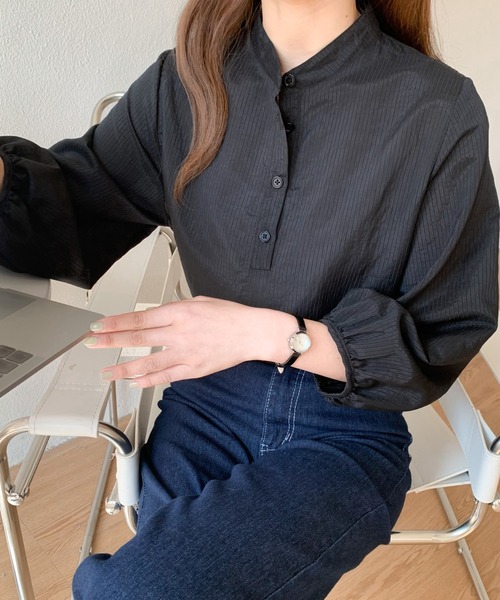 Diosfront（ディオスフロント）の「バンドカラーストライプシャツ（シャツ/ブラウス・レディース・ホワイト/ピンク/ライトグリーン/ブラック・FREE）」の7枚目の写真