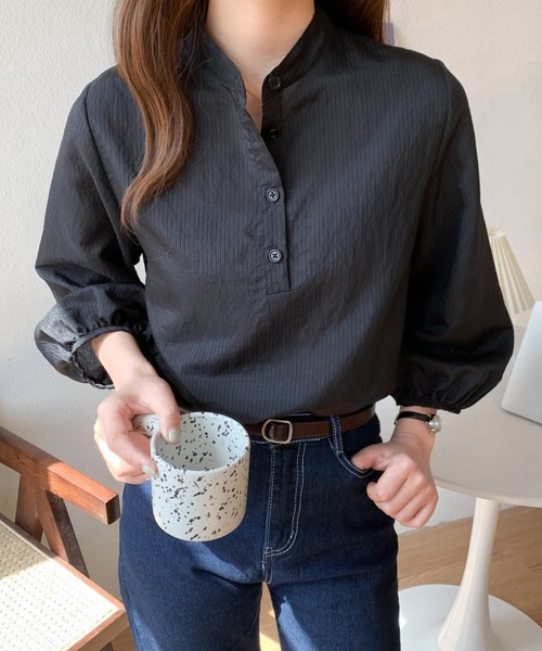 Diosfront（ディオスフロント）の「バンドカラーストライプシャツ（シャツ/ブラウス・レディース・ホワイト/ピンク/ライトグリーン/ブラック・FREE）」の13枚目の写真