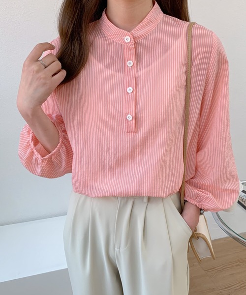 Diosfront（ディオスフロント）の「バンドカラーストライプシャツ（シャツ/ブラウス・レディース・ホワイト/ピンク/ライトグリーン/ブラック・FREE）」の17枚目の写真