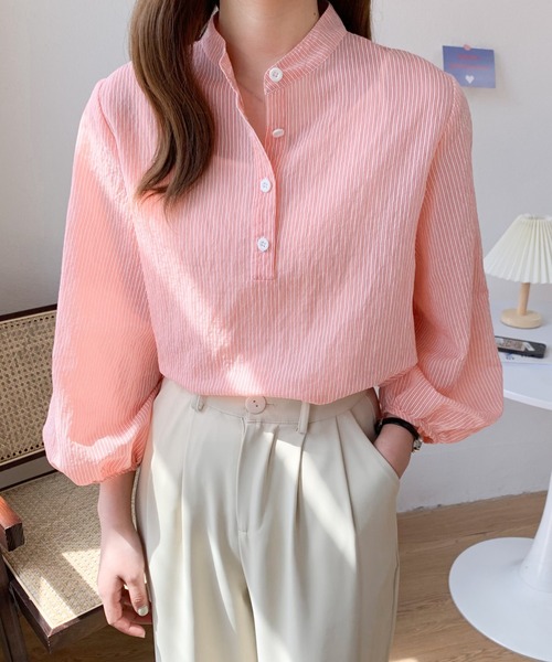 Diosfront（ディオスフロント）の「バンドカラーストライプシャツ（シャツ/ブラウス・レディース・ホワイト/ピンク/ライトグリーン/ブラック・FREE）」の20枚目の写真