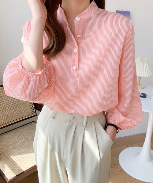 Diosfront（ディオスフロント）の「バンドカラーストライプシャツ（シャツ/ブラウス・レディース・ホワイト/ピンク/ライトグリーン/ブラック・FREE）」の21枚目の写真