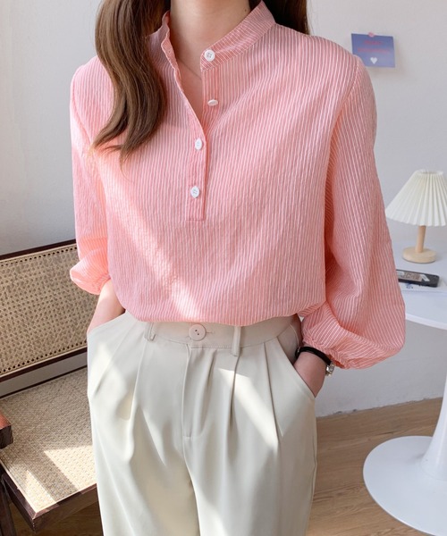 Diosfront（ディオスフロント）の「バンドカラーストライプシャツ（シャツ/ブラウス・レディース・ホワイト/ピンク/ライトグリーン/ブラック・FREE）」の22枚目の写真