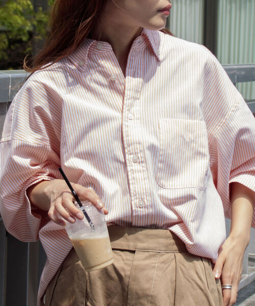 GLOSTER（グロスター）の「【GLOSTER/グロスター】オックスボタンダウン ストライプオーバーシャツ（シャツ/ブラウス・メンズ・ネイビー/グリーン/ピンク/オレンジ・MEDIUM/LARGE）」の4枚目の写真
