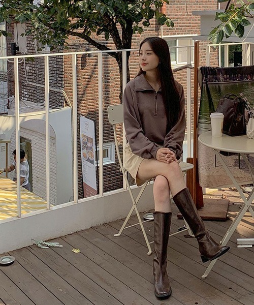 SONA（ソナ）の「SONYUNARA ハーフジップアップセミクロップトレーナー（スウェット・レディース・ブラウン/オートミール・FREE）」の3枚目の写真