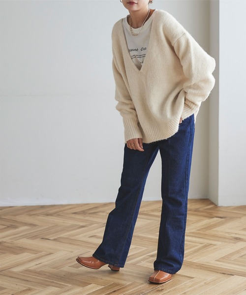 titivate（ティティベイト）の「Vﾈｯｸｵｰﾊﾞｰｻｲｽﾞﾆｯﾄ（ニット/セーター・レディース・ブラウン/アイボリー/グレー・S/M）」の9枚目の写真