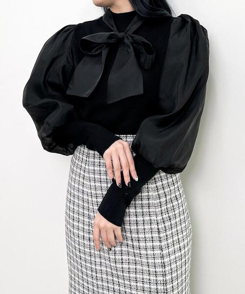 INGNI（イング）の「袖異素材／ボウタイ付マトンスリーブニット（ニット/セーター・レディース・オフホワイト/ブラック/サックスブルー・M）」の15枚目の写真